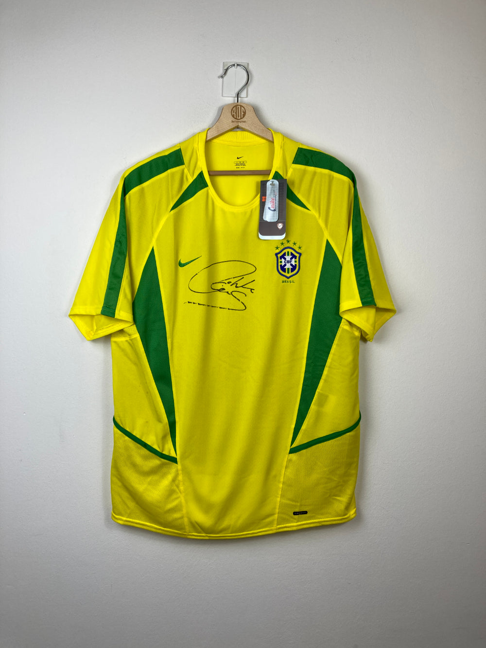 Original Brazil *Signed Carlos* BNWT Home Jersey 2002 - L